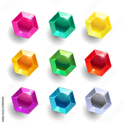 Set of cartoon hexagon different color crystals