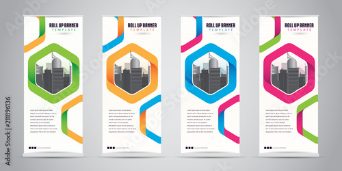 Business Roll Up Banner Standee Design with 4 Various Color Template. Vector Illustration.