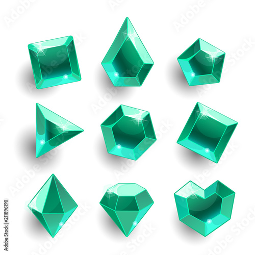 Cartoon green, emerald different shapes crystals