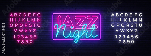 Jazz Night neon sign vector. Jazz Music design template neon sign, light banner, neon signboard, nightly bright advertising. Vector illustration. Editing text neon sign