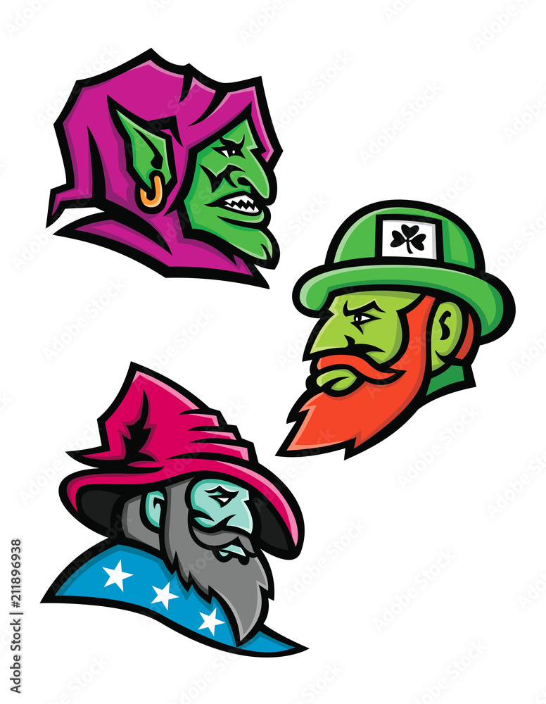 Mascot icon illustration set of heads of a goblin, Irish leprechaun and a wizard, sorcerer, warlock or magician  viewed from side  on isolated background in retro style.