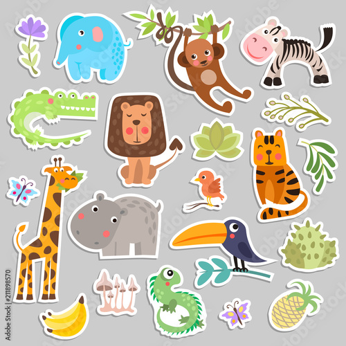 Cute set of stickers of safari animals and flowers. Savanna and safari funny cartoon sticker animals. Jungle animals vector set of sticker elements. Crocodile  giraffe  lion and monkey  and other