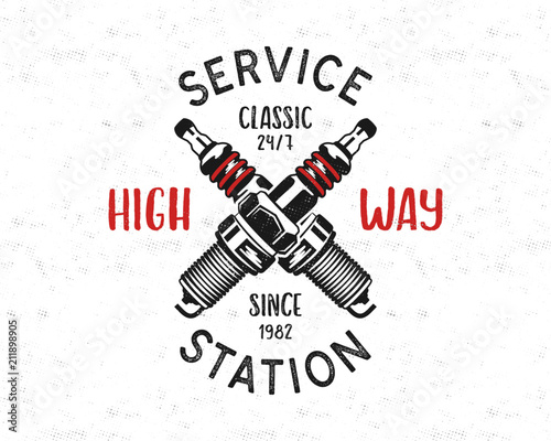 Service station emblem design. Classic garage logo in retro style with monochrome spark plug and typography High way. Mechanic badge. Good for tee. Stock vector isolated on white