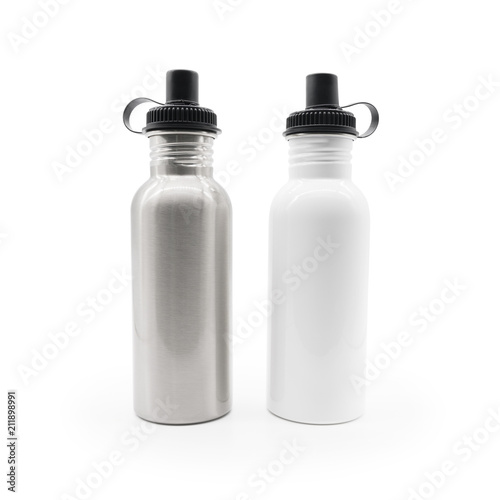 Stainless bottle on white background. Blank aluminum flask and lid for your design.