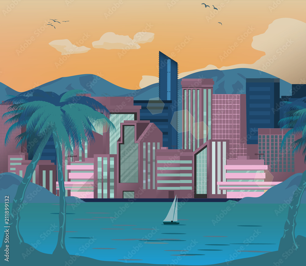 City landscape. Cityscape, modern city vector flat illustration. Summer background design.