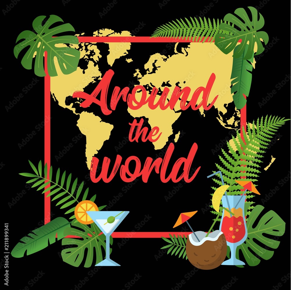 Tropical poster with outline palm leaves. Seasonal background in trendy line flat style.