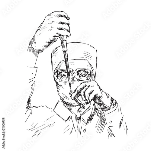 A scientist in glasses is filling a test tube, hand drawn doodle, sketch in pop art style, black and white vector illustration