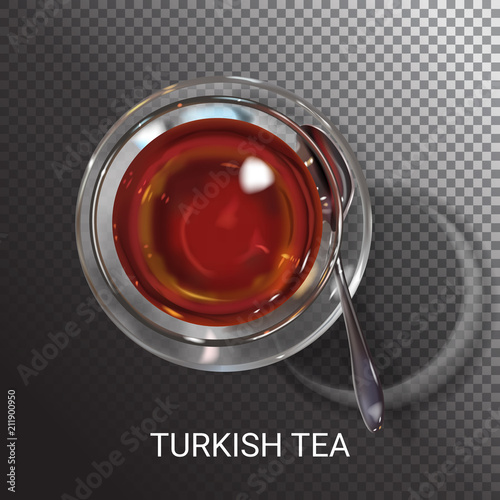 Turkish hot black tea. Traditional glass of turk beverage. Realistic cup of tea on transparent background.