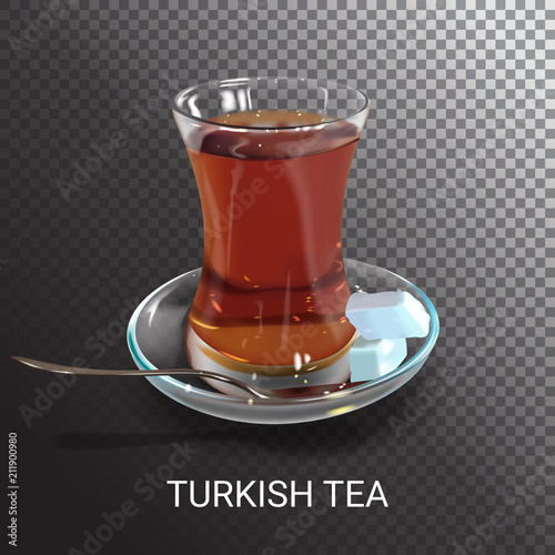 Turkish hot black tea. Traditional glass of turk beverage. Realistic cup of tea on transparent background.	
