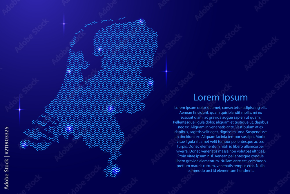 Netherlands map country abstract silhouette from wavy blue space sinusoid lines and glowing stars. Contour state of creative luminescence curve. Vector illustration.