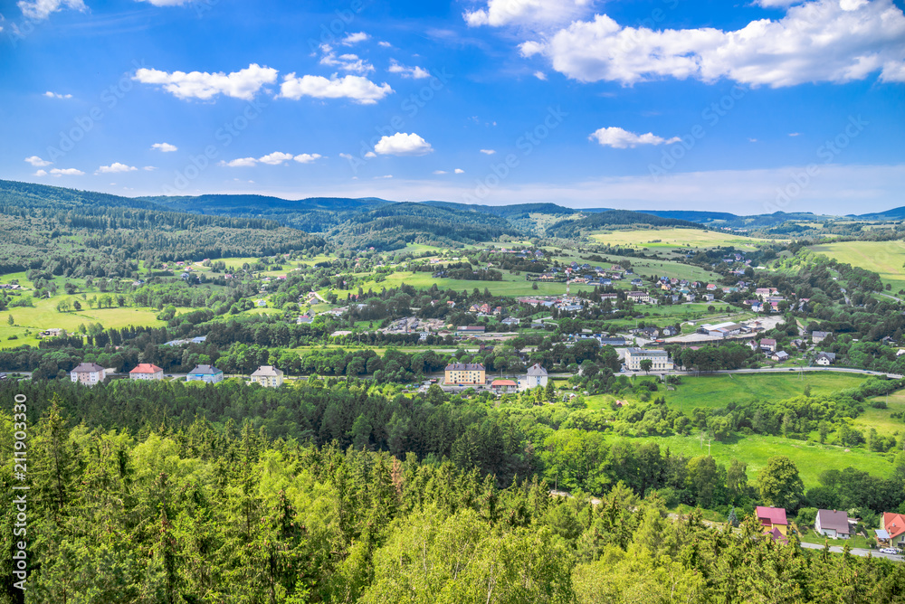 Aerial view of rural scenery in mountain valley, town and houses in nature, green panoramic landscape