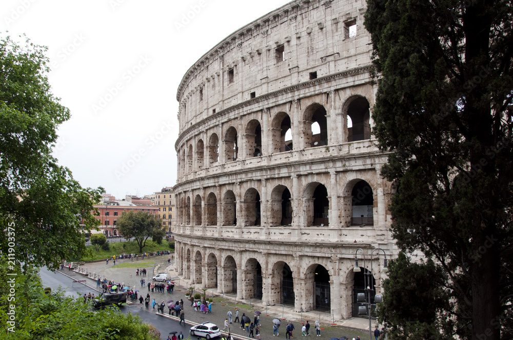 Rome city with great colosseum, Italy. Rome colosseo architecture in Italy. Travel to rome - capital of italy. Colosseum amphitheater in Rome, Italy. Roman holiday.