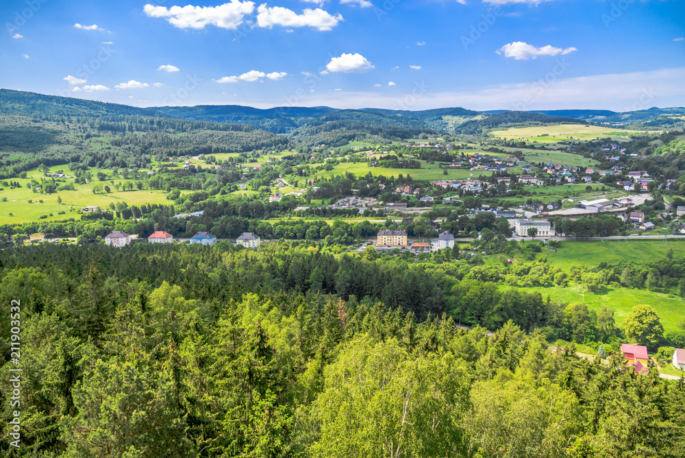 Panoramic view of mountain valley, town landscape, aerial view