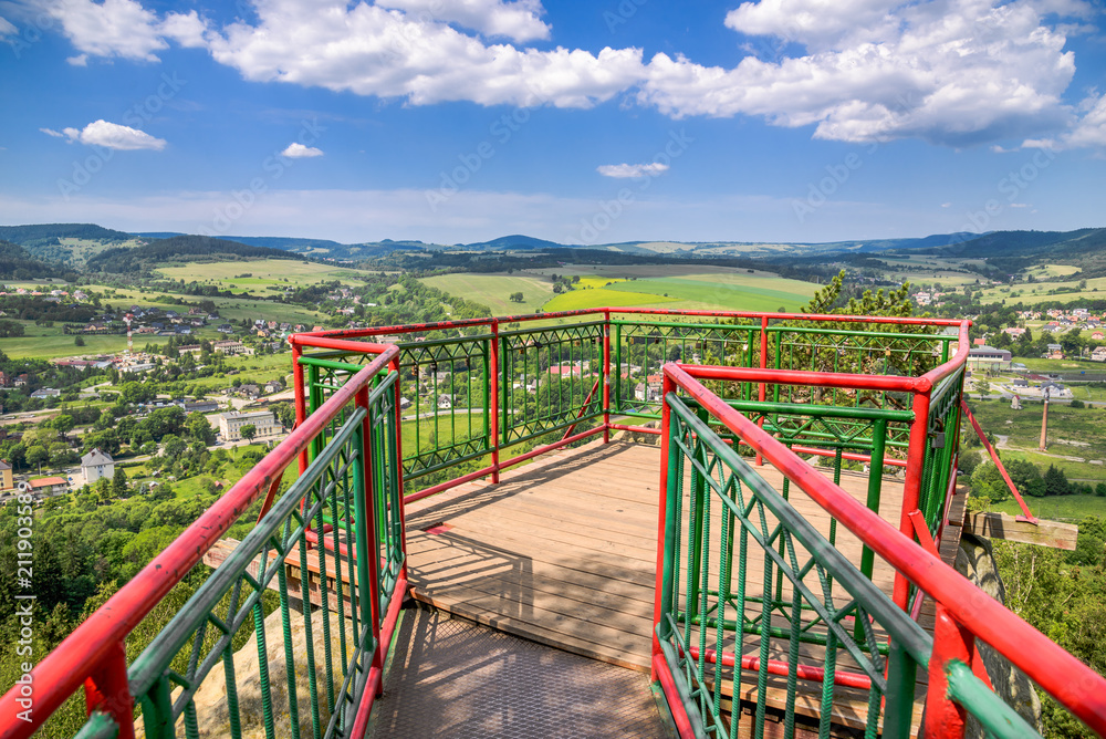 Panorama of mountain valley, town landscape from the platform. Green nature and houses, aerial view. Panorama of mountain valley, town landscape from the platform. Green nature and houses, aerial view.
