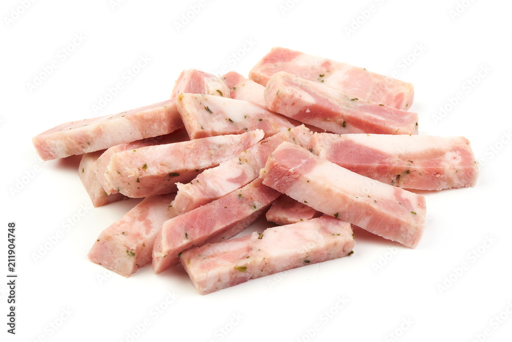 A portion of sliced pork bacon, ingredient for cooking, isolated on white background. Close-up. A portion of sliced pork bacon, ingredient for cooking, isolated on white background. Close-up.