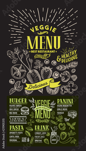 Veggie menu for restaurant. Vector food flyer for bar and cafe. Design template on chalkboard background with food hand-drawn graphic illustrations.