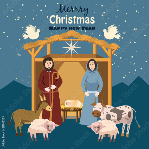 Nativity scene. Vector set of cute people, animals. Holiday background with Maria and Joseph Baby Jesus is born, vector, isolated