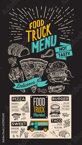 Food truck menu for street fest. Design template on blackboard with vintage hand-drawn graphic illustrations.