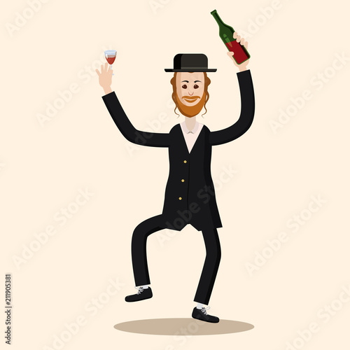 Funny cartoon Jewish man dancing with vine. Vector illustration isolated background
