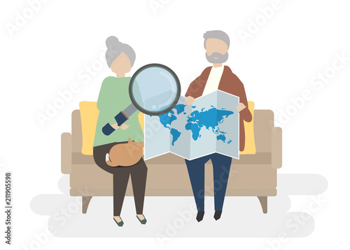 Illustration of senior characters with traveling concept
