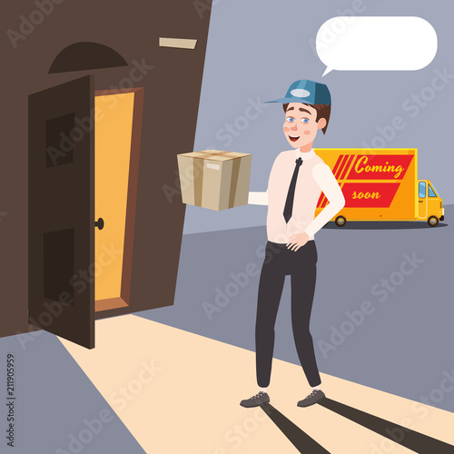 Delivery worker brings a parcel, cartoon style, isolated, vector