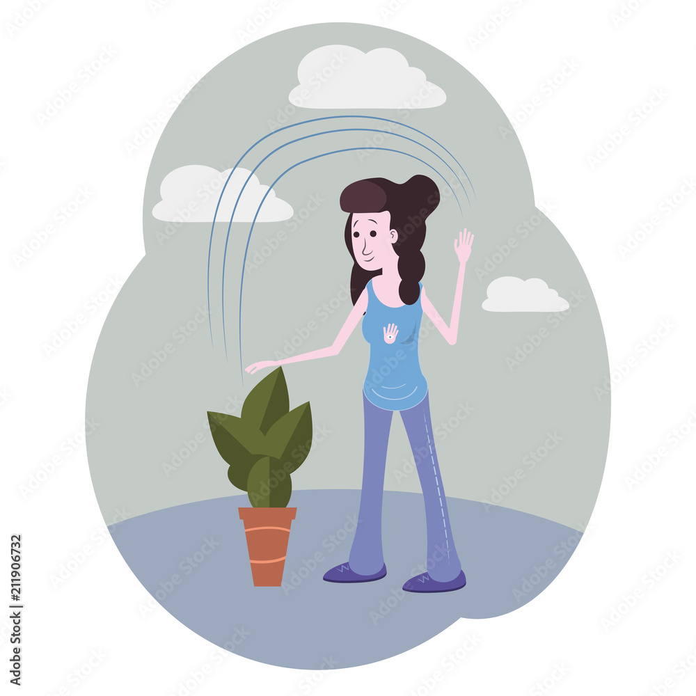 The girl with dark hair in blue watering a plant. Vector cartoon illustration. Character