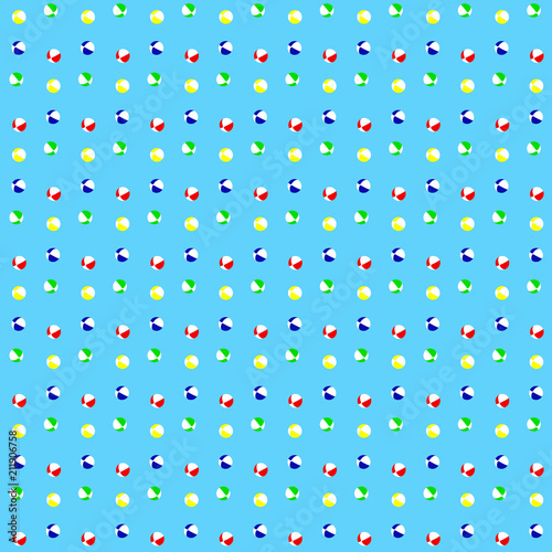 Beach balls pattern, blue, red, green and yellow colors, in front of a light blue background.