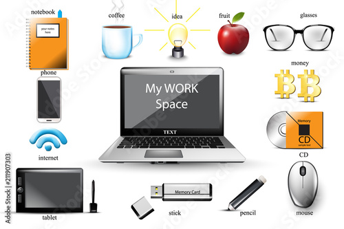 Work space Vector. Computer, usb, notebook, glasses, office tools elements. I...