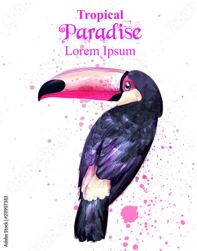 Tropical paradise parrot bird watercolor Vector. Paint splash colorful background