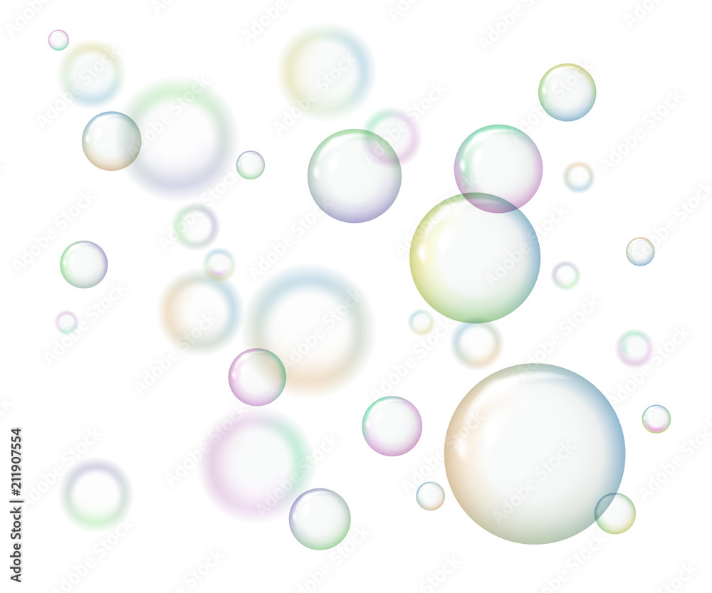 Group of soap bubbles on white background. Vector illustration. The concept of purity.