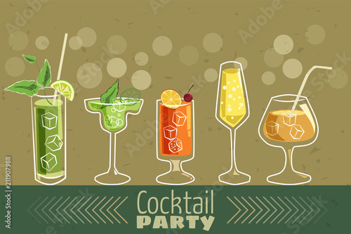 Retro poster design for cocktailbar. Vintage poster, card for bar or restaurant. Vector, isolated