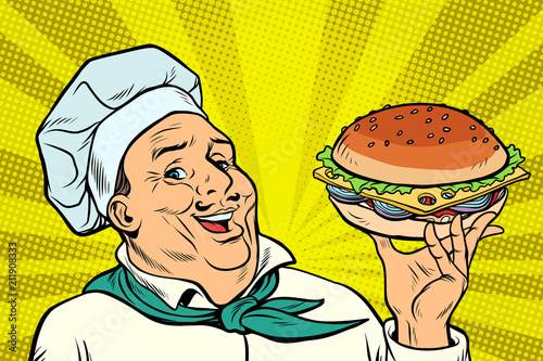 Cook Chef man presentation gesture. hamburger