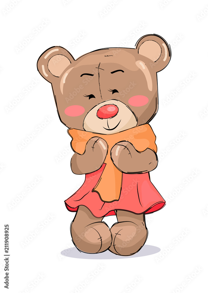 Fototapeta premium Bear Toy Female Character in Pink Dress Warm Scarf