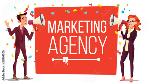 Marketing agency Banner Vector. Inbound, Outbound Marketing Banner. Male, Female With Megaphone, Loudspeaker. Place For Text. Isolated Illustration