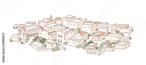 Elegant drawing of old city with beautiful buildings of Arab architecture. Panoramic view of streets of Medina, Baghdad or Marrakesh. Urban landscape. Colorful hand drawn vector illustration.