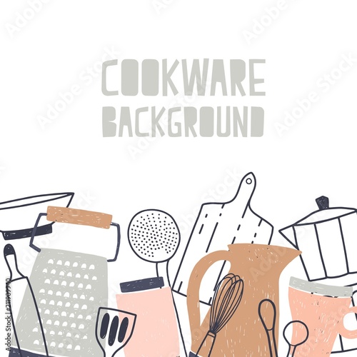 Square backdrop decorated with various kitchenware or cookware, kitchen utens...