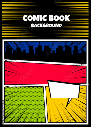 Blank humor graphic. Pop art comics book magazine cover template. Cartoon funny vintage strip comic superhero, text speech bubble balloon, box message, burst bomb. Vector colored halftone illustration
