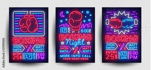 Boxing Flyer collection design template. Boxing night Light Banner, Design Boxing Match Invitation, Neon Style, Bright Brochure, Typography, Bright Neon Advertising. Vector illustration