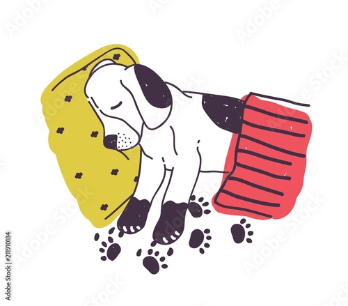 Cute dog with dirty paws sleeping in bed under blanket. Amusing naughty puppy isolated on white background. Bad habit of domestic animal, problem behavior. Colored hand drawn vector illustration.