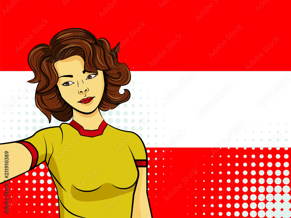 Asian woman taking selfie photo in front of national flag Austria in pop  art style illustration. Element of sport fan illustration for mobile and  web apps Stock Vector | Adobe Stock