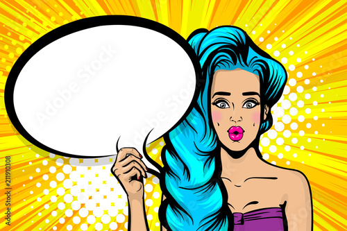 Surprise caucasian blue hair young girl in sunglasses. Woman pop art hold empty speech bubble. Comic text advertise balloon. Retro halftone background.