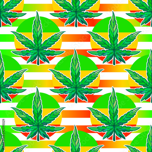 Vector Seamless pattern sheet of cannabis with bright stripes.