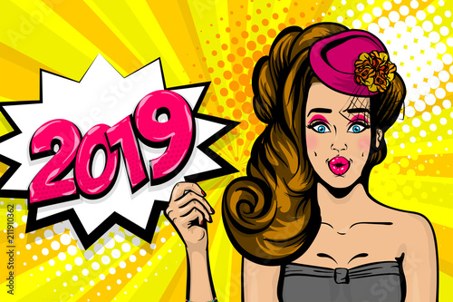 2019 calendar, wow face caucasian brunette young sexy girl pop art. Woman pop art lady hat. Comic text advertise speech bubble. Retro halftone background.