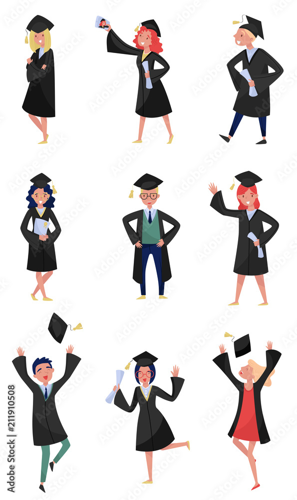 Happy graduates set, smiling graduation students in gowns holding diplomas in their hands vector Illustrations on a white background