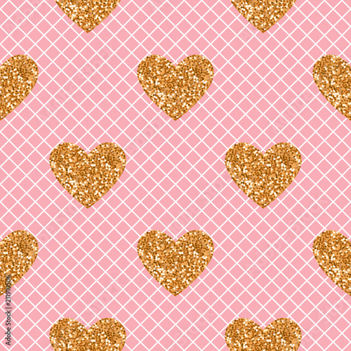 Vector seamless pattern. Pink with white fishnet tights background. Heart of gold glitter.
