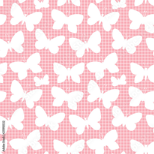 Butterfly silhouette. Pink seamless pattern mesh texture. Vector illustration isolated on a pink trend color background.