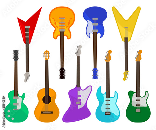 Acoustic and electric guitars set, musical instruments of various colors vector Illustrations on a white background