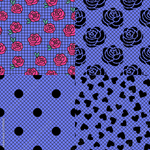 Blue with black fishnet tights background. Vector seamless pattern. Polka dot.