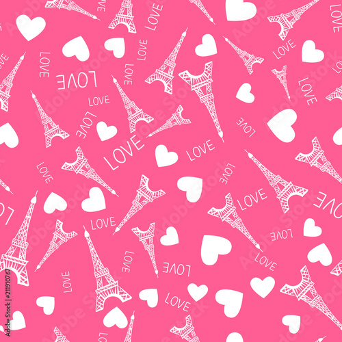 Vector Seamless pattern. Illustration white ink Eiffel Tower on pink background. Handwritten inscription LOVE 