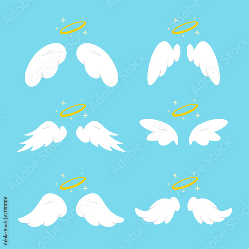 Cute angel wings with halo. Vector cartoon flat icons set isolated on blue background.